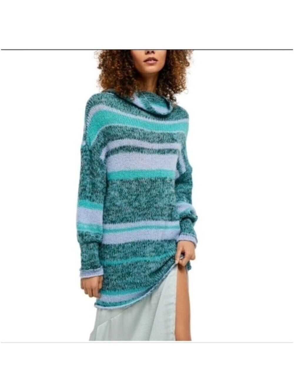 FREE PEOPLE | Candy Stripe Tunic Sweater Waterfalls Blue Wool Alpaca Sz S